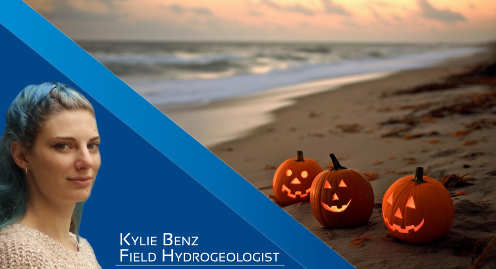 Kylie Benz, Field Hydrogeologist, Ride the Wave Award October 2023 - Pumpkins on beach with waves in background
